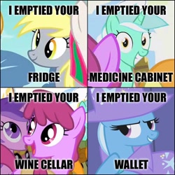 Size: 666x666 | Tagged: safe, derpibooru import, edit, edited screencap, screencap, amethyst star, berry punch, berryshine, blossomforth, carrot top, cherry berry, derpy hooves, golden harvest, lyra heartstrings, trixie, pegasus, pony, boast busters, hurricane fluttershy, winter wrap up, caption, collage, cropped, female, hat, i emptied your fridge, i found pills, irrational exuberance, looking at you, mare, meme, text, that pony sure does love alcohol, trixie's hat