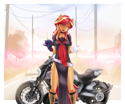 Size: 3072x2557 | Tagged: safe, alternate version, artist:slackerburst, sunset shimmer, anthro, equestria girls, blushing, clothes, cosplay, costume, lidded eyes, looking at you, motorcycle, open clothes, open mouth
