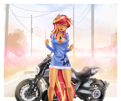 Size: 3072x2557 | Tagged: safe, alternate version, artist:slackerburst, sunset shimmer, anthro, equestria girls, blushing, breasts, cleavage, clothes, lidded eyes, looking at you, motorcycle, open clothes, open mouth, swimsuit