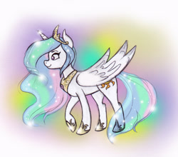 Size: 1548x1360 | Tagged: safe, artist:sparklingneptune, princess celestia, alicorn, pony, crown, female, horn, mare, multicolored mane, multicolored tail, solo, white coat, white wings, wings