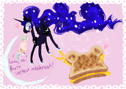 Size: 1061x756 | Tagged: safe, artist:sugaryboogary, princess celestia, princess luna, alicorn, pony, cheese, food, glorious grilled cheese, grilled cheese