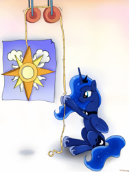 Size: 1100x1466 | Tagged: safe, artist:milanoss, princess luna, alicorn, pony, flag, pulley, rope, sitting, solo