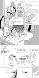 Size: 660x1320 | Tagged: safe, artist:kevinsano, derpibooru import, donut joe, twilight sparkle, comic, grayscale, monochrome