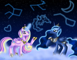 Size: 2338x1829 | Tagged: safe, artist:rose-beuty, princess cadance, princess luna, alicorn, pony, constellation, female, horn, mare