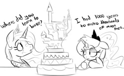 Size: 929x572 | Tagged: safe, artist:nohooves, princess celestia, princess luna, alicorn, pony, cake, canterlot castle, monochrome, sketch