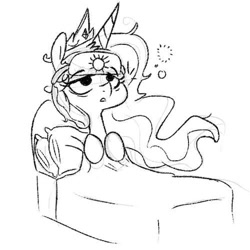 Size: 500x501 | Tagged: safe, artist:nohooves, princess celestia, alicorn, pony, bed, blanket, messy mane, monochrome, morning ponies, pillow, sketch, sleep mask, sleepy, solo, tired