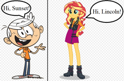 Size: 736x479 | Tagged: safe, artist:jake555555555, sunset shimmer, human, equestria girls, crossover, female, lincoln loud, male, speech bubble, the loud house, vector