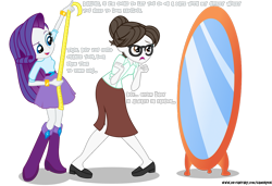Size: 1280x878 | Tagged: safe, artist:gamerpen, rarity, raven, equestria girls, date, dressmaking, equestria girls-ified, glasses, hardly visible text, implied ravenspike, implied shipping, implied spike, implied straight, measuring tape, mirror, rarity being rarity, secretary, simple background, transparent background
