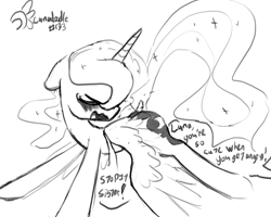 Size: 1280x1022 | Tagged: safe, artist:darkflame75, princess luna, alicorn, pony, angry, blushing, cute, dialogue, eyes closed, lunadoodle, monochrome, open mouth, sketch, solo, spread wings, teasing, wavy mouth