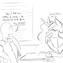 Size: 700x700 | Tagged: safe, artist:goat train, princess celestia, oc, oc:anon, human, dialogue, laughing, monochrome, sketch, table