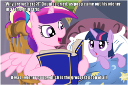 Size: 1024x683 | Tagged: safe, princess cadance, twilight sparkle, unicorn twilight, alicorn, pony, unicorn, bed, bedtime story, blanket, book, bow, cadance's bedtime stories, chair, detailed background, duo, duo female, exploitable meme, female, females only, filly, filly twilight sparkle, hair bow, hoof hold, horn, image macro, looking at each other, looking up, meme, multicolored mane, open mouth, pillow, pink coat, pink wings, purple coat, purple eyes, sitting, smiling, south park, spread wings, text, the poop that took a pee, vulgar, wat, wings, younger