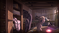 Size: 1920x1080 | Tagged: safe, artist:gign-3208, derpibooru import, trixie, bed, crepuscular rays, glow, interior, messy, sleeping, table