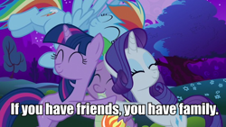 Size: 626x354 | Tagged: safe, derpibooru import, edit, edited screencap, screencap, rainbow dash, rarity, spike, twilight sparkle, dragon, pegasus, pony, unicorn, dragon quest, caption, eyes closed, female, group hug, hug, image macro, male, mare, meme