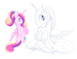 Size: 850x657 | Tagged: safe, artist:ende26, princess cadance, alicorn, pony, back, cute, looking back, partial color, sitting, solo