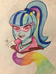 Size: 2448x3264 | Tagged: safe, artist:emichaca, sonata dusk, equestria girls, bust, female, kamina sunglasses, rainbow, smiling, solo, sunglasses, traditional art