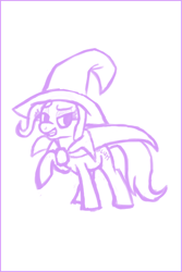 Size: 360x540 | Tagged: safe, artist:ponett, derpibooru import, trixie, pony, unicorn, cape, clothes, female, hat, lidded eyes, mare, monochrome, open mouth, raised hoof, simple background, smiling, solo, trixie's cape, trixie's hat, white background