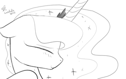 Size: 1280x805 | Tagged: safe, artist:darkflame75, princess luna, alicorn, pony, lunadoodle, monochrome, smiling, solo