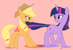 Size: 500x337 | Tagged: safe, artist:mn27, derpibooru import, applejack, twilight sparkle, earth pony, pony, female, lesbian, mare, shipping, simple background, tail bite, tail pull, twijack