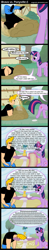 Size: 700x3560 | Tagged: safe, artist:angerelic, derpibooru import, twilight sparkle, bravo vs. ponyville, comic, crossover, glasses, johnny bravo, list, magic, raised hoof, reading, sitting, sleeping, smiling, squee, telekinesis, wink