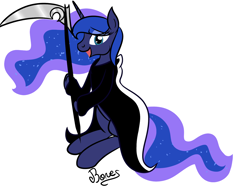 Size: 1280x960 | Tagged: safe, artist:nothin-but-my-bones, princess luna, alicorn, pony, clothes, costume, grim reaper, lunadoodle, scythe, simple background, solo