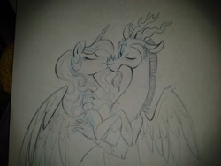 Size: 1280x960 | Tagged: safe, artist:stepandy, discord, princess celestia, alicorn, pony, dislestia, female, kissing, male, monochrome, shipping, sketch, straight, traditional art