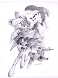 Size: 750x1000 | Tagged: safe, artist:bat3man, derpibooru import, trixie, twilight sparkle, angry, desert eagle, dual wield, gun, pistol, submachinegun, uzi, weapon, yelling