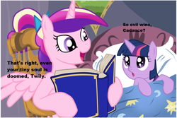 Size: 1024x683 | Tagged: safe, princess cadance, twilight sparkle, unicorn twilight, alicorn, pony, unicorn, bed, bedtime story, blanket, book, bow, cadance's bedtime stories, chair, detailed background, duo, duo female, exploitable meme, female, females only, filly, filly twilight sparkle, hair bow, hoof hold, horn, image macro, looking at each other, looking up, meme, merlin's shop of mystical wonders, multicolored mane, mystery science theater 3000, open mouth, pillow, pink coat, pink wings, purple coat, purple eyes, reading, sitting, smiling, spread wings, text, wings, younger