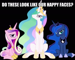 Size: 2499x2002 | Tagged: safe, princess cadance, princess celestia, princess luna, alicorn, pony, angry, frown, image macro, looking at you, meme, reaction image, sitting, unamused