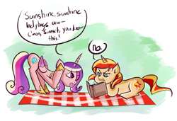 Size: 1200x821 | Tagged: artist needed, safe, princess cadance, sunset shimmer, alicorn, pony, book, picnic blanket, reading, sunshine sunshine