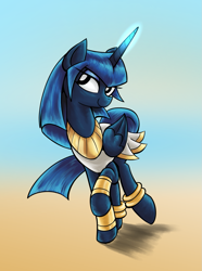 Size: 1025x1380 | Tagged: dead source, safe, artist:lovelyneckbeard, princess luna, alicorn, pony, alternate hairstyle, anklet, bedroom eyes, bracelet, clothes, cute, egyptian, egyptian pony, glowing horn, magic, raised hoof, raised leg, smiling, solo