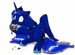 Size: 2854x2118 | Tagged: safe, artist:sketchywolf-13, princess luna, alicorn, pony, burger, eating, food, hamburger, ponies eating meat, sitting, solo, spread wings, traditional art, wide eyes