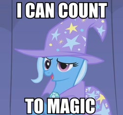 Size: 600x562 | Tagged: safe, derpibooru import, trixie, caption, i can count to potato, image macro, meme, trixie yells at everything