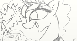 Size: 1366x728 | Tagged: safe, artist:xxmarkingxx, princess luna, alicorn, pony, donut, magic, monochrome, open mouth, sketch, smiling, solo, telekinesis