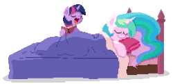 Size: 848x412 | Tagged: safe, artist:mrponiator, princess celestia, twilight sparkle, alicorn, pony, bed, book, eyes closed, open mouth, pixel art, reading, simple background, sleeping, transparent background