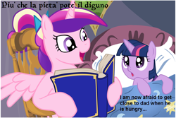 Size: 1024x683 | Tagged: safe, princess cadance, twilight sparkle, unicorn twilight, alicorn, pony, unicorn, bed, bedtime story, blanket, book, bow, cadance's bedtime stories, cadence is a foreigner, chair, detailed background, divine comedy, duo, duo female, exploitable meme, female, females only, filly, filly twilight sparkle, hair bow, hoof hold, horn, implied cannibalism, italian, looking at each other, looking up, meme, multicolored mane, open mouth, pillow, pink coat, pink wings, purple coat, purple eyes, sitting, smiling, spread wings, text, wings, younger