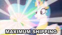 Size: 500x282 | Tagged: safe, edit, edited screencap, screencap, discord, princess celestia, alicorn, pony, twilight's kingdom, blurry, bouquet, caption, dislestia, female, flower, image macro, lens flare, male, maximum trolling, meme, reaction image, shipping, solo, straight, trolling