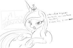 Size: 1169x778 | Tagged: safe, artist:zev, princess cadance, alicorn, pony, femdom, grayscale, monochrome, solo, vulgar