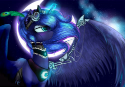 Size: 6874x4816 | Tagged: safe, artist:alicjaspring, princess luna, alicorn, pony, absurd resolution, armor, crescent moon, ear piercing, earring, feather, female, frown, glow, glowing horn, goggles, jewelry, looking up, mare, moon, night, peacock feathers, piercing, sky, solo, sparkles, spread wings, starry night, stars, steampunk, wings