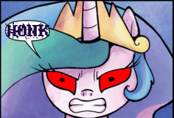 Size: 507x345 | Tagged: safe, edit, idw, princess celestia, exploitable meme, gamzee makara, glarelestia, homestuck, honk, meme, solo