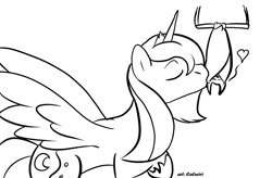 Size: 1000x654 | Tagged: safe, artist:caluriri, princess luna, alicorn, bat, pony, eyes closed, heart, kissing, monochrome, pet, s1 luna, solo