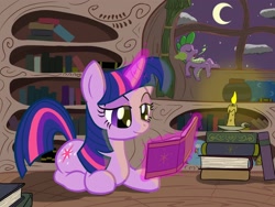 Size: 2000x1500 | Tagged: safe, artist:firebrandkun, derpibooru import, spike, twilight sparkle, dragon, candle, night, reading