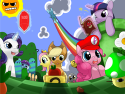 Size: 1400x1050 | Tagged: safe, artist:hoyeechun, derpibooru import, applejack, derpy hooves, fluttershy, pinkie pie, rainbow dash, rarity, trixie, twilight sparkle, book, cosplay, goomba, mario, nintendo, species swap, super mario bros., wink