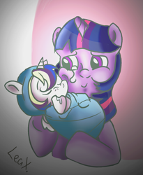 Size: 949x1156 | Tagged: safe, artist:leaxoftheunderworld, derpibooru import, twilight sparkle, oc, oc:sabien, pony, aunt and nephew, auntie twilight, colt, foal, holding a pony, hoof sucking, male, newborn, offspring, parent:princess cadance, parent:shining armor, parents:shiningcadance