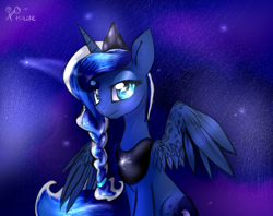 Size: 1024x812 | Tagged: safe, artist:rflzqt, princess luna, alicorn, pony, alternate hairstyle, braid, sitting, solo, spread wings