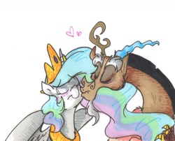 Size: 1280x1036 | Tagged: safe, artist:frankilew, discord, princess celestia, alicorn, pony, blushing, dislestia, eyes closed, female, kissing, male, shipping, straight, traditional art