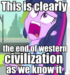 Size: 716x758 | Tagged: safe, edit, edited screencap, screencap, twilight sparkle, equestria girls, equestria girls (movie), cropped, exploitable meme, image macro, panic, solo, twiscream, xk-class end-of-the-world scenario