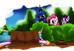 Size: 1530x1055 | Tagged: safe, artist:hoyeechun, pinkie pie, princess celestia, princess luna, twilight sparkle, alicorn, earth pony, pony, blushing, box, bush, cake, cakelestia, cute, laughing, pinklestia, prank, trap (device)