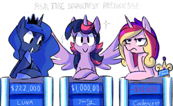 Size: 817x500 | Tagged: safe, artist:twilightisbestprincess, princess cadance, princess luna, twilight sparkle, twilight sparkle (alicorn), alicorn, pony, alicorn triarchy, ask the smartest princess, banner, frown, jeopardy, lidded eyes, looking at you, simple background, smiling, spread wings, transparent background, tumblr, unamused