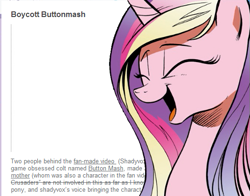 Size: 529x414 | Tagged: safe, button mash, princess cadance, alicorn, pony, buttonhurt, cadance laughs at your misery, down with molestia, drama, exploitable meme, meme, meta, pinkiepony, solo, text, tumblr