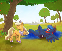 Size: 1200x1000 | Tagged: safe, artist:erysz, applejack, princess luna, alicorn, earth pony, pony, :3, accessory swap, apple tree, bandana, dressup, eyes closed, female, friendshipping, hat, hat swap, laughing, legs in air, lesbian, lunajack, on back, open mouth, outdoors, pose, rofl, rolling, shipping, silly, silly pony, smiling, tree, underhoof, who's a silly pony